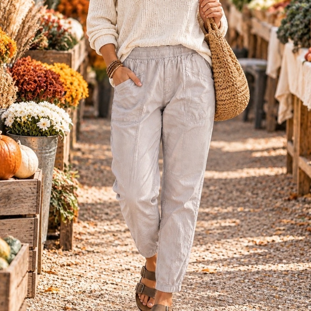 Womens Small Linen Blend Tapered Jogger Pants Taupe Beige Elastic Waist Pull On